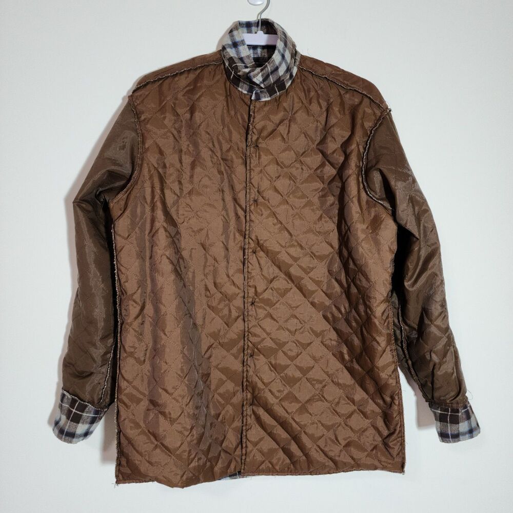 Vtg Perma-Prest Mens Store Plaid Button-Up Shirt Jacket Shacket Brown USA Tall L - Picture 3 of 6